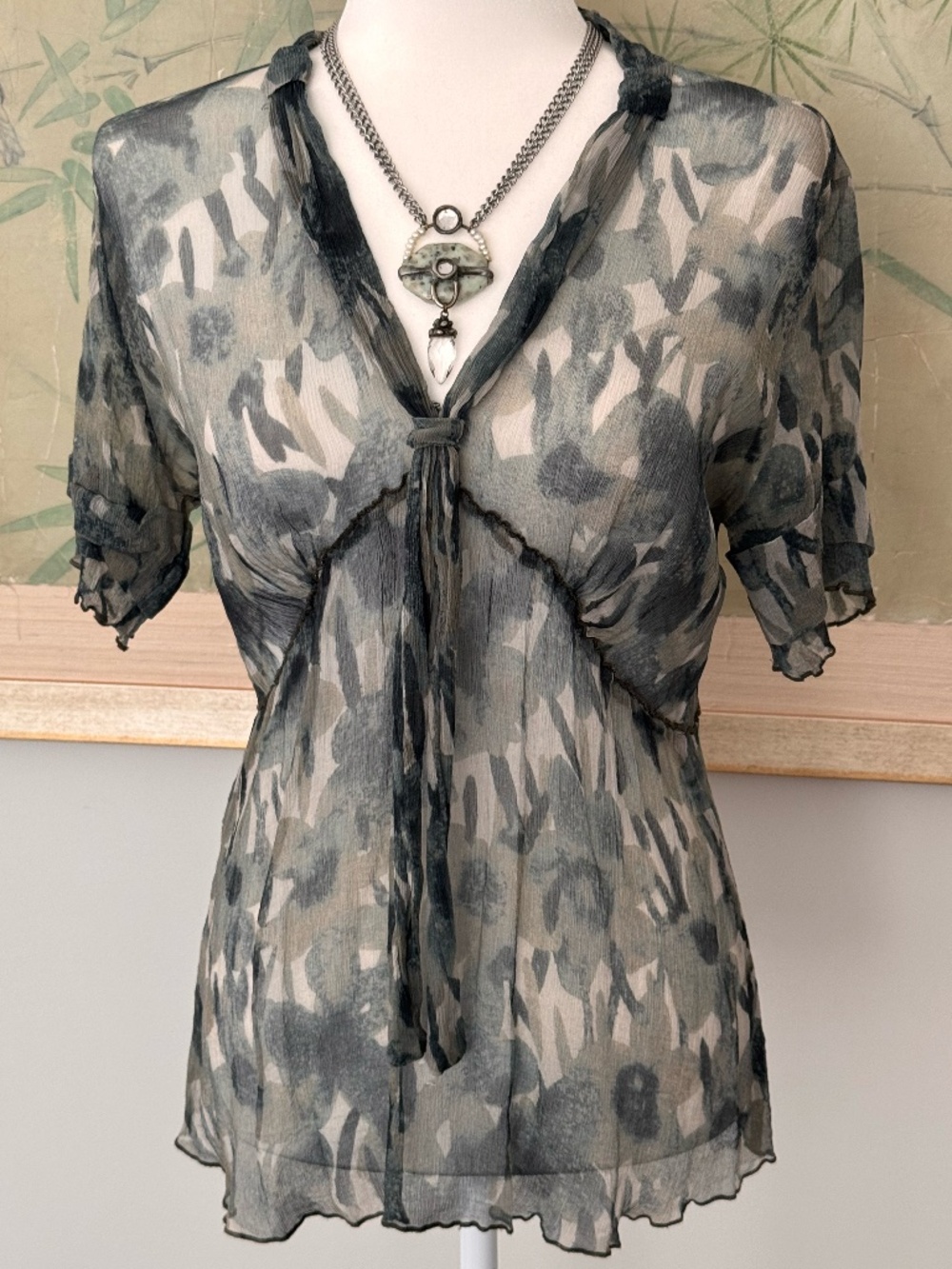 TRANSIT Muted Blue Green Sheer Silk Georgette Top Empire Waist